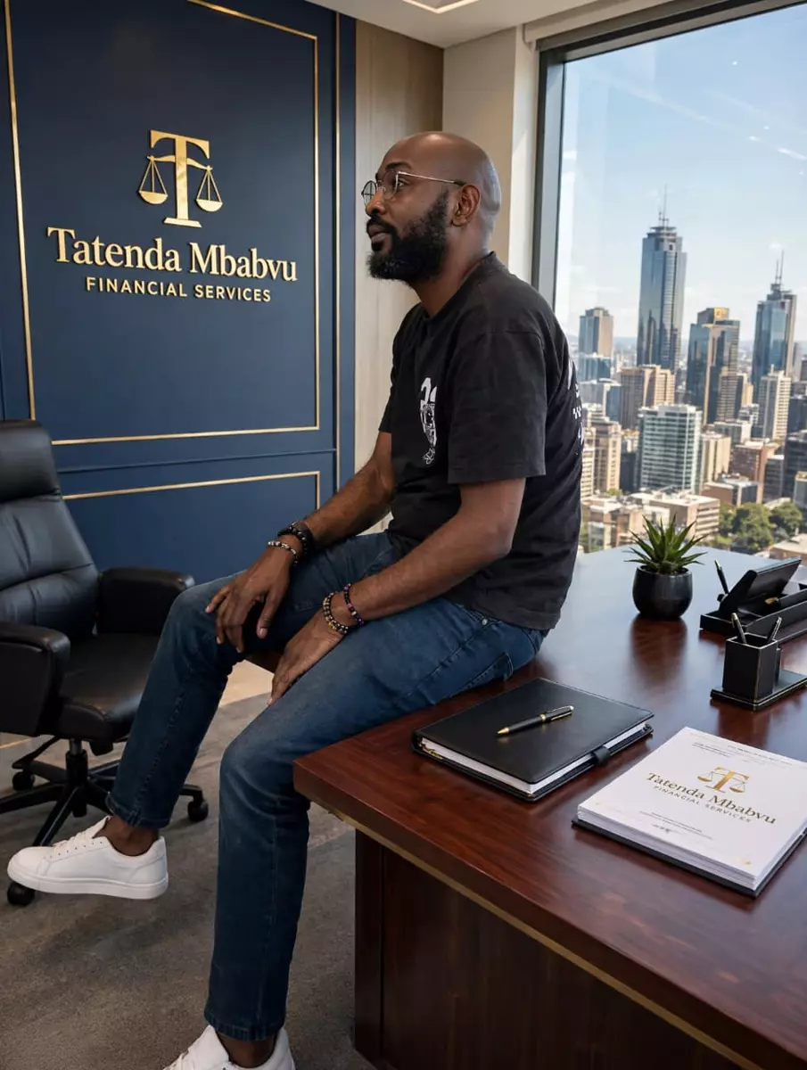 A man sitting on an office desk with a branded wall and city skyline view